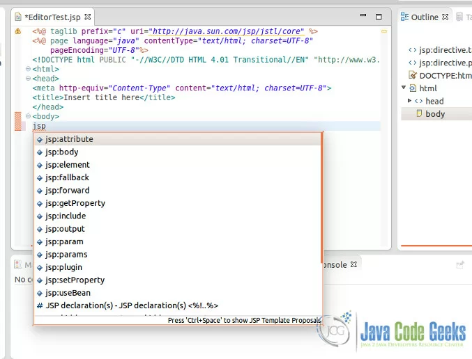 JSP Editor - code assist in the editor