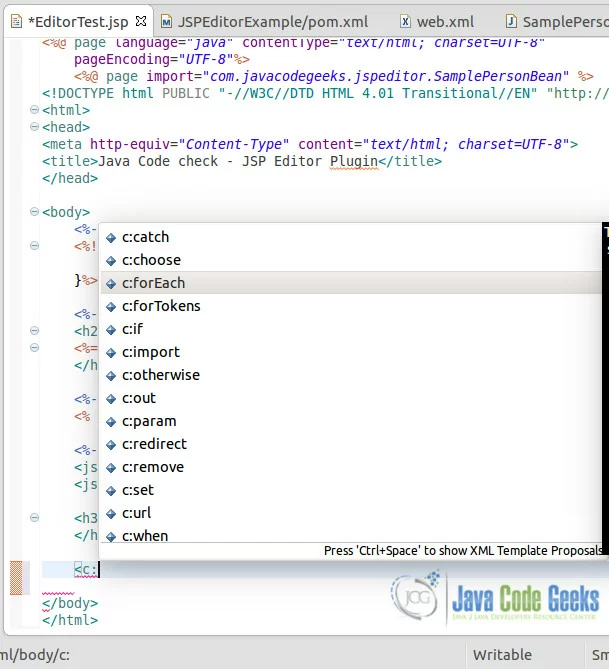 JSP Editor - JSTL content assist