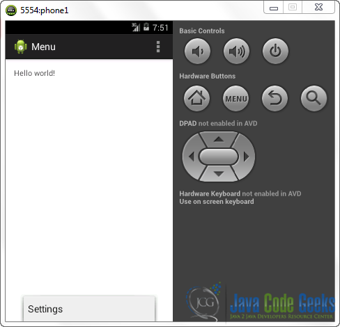 Figure 2. Initial state of an Android menu