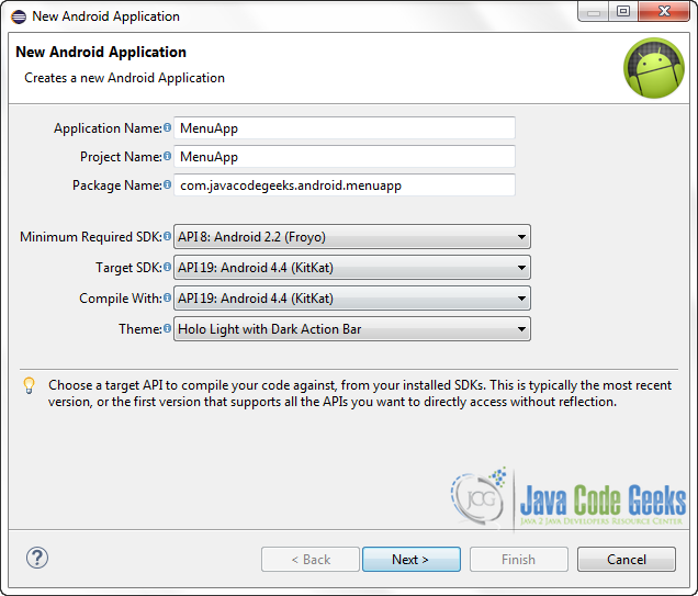 Figure 2. Create a new Android application