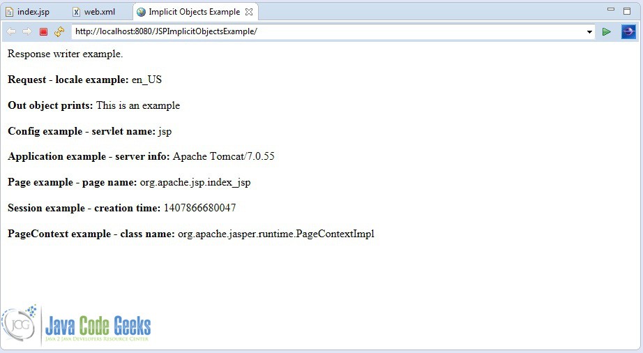 The result of using implicit objects directly in a jsp page.