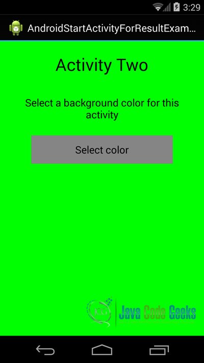 Figure 10. This is the ActivityTwo that shows the right background color and lets us get back to the previous Activity.