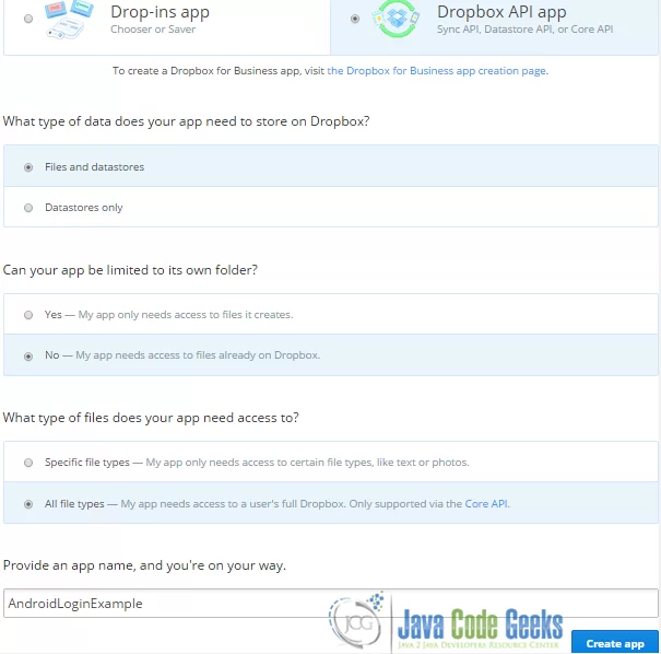 Figure 1. Dropbox app configuration
