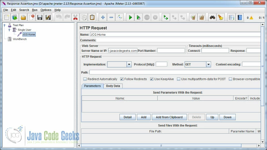 ThreadGroup (Single User) and HTTP Request Sampler (JCG Home)