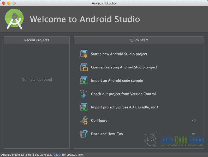 “Welcome to Android Studio” screen. Choose “Start a new Android Studio Project”.