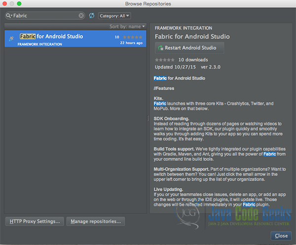 Restart Android Studio, after "Fabric" plugin download.