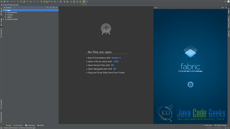 This is how our Android Studio workspace looks like with the new project and the "Fabric" plugin opened.