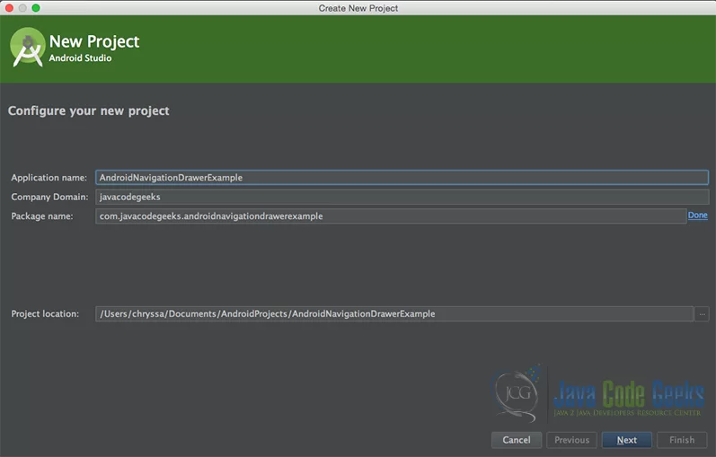 “Configure your new project” screen. Add your application name and the projects package name.