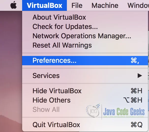 VirtualBox Preferences Menu