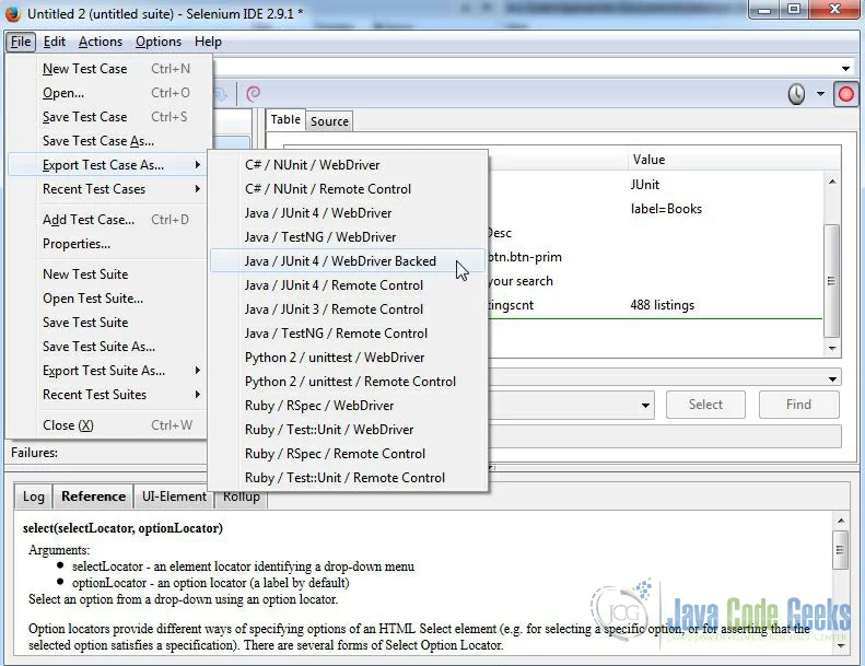 Export to Java with JUnit structures