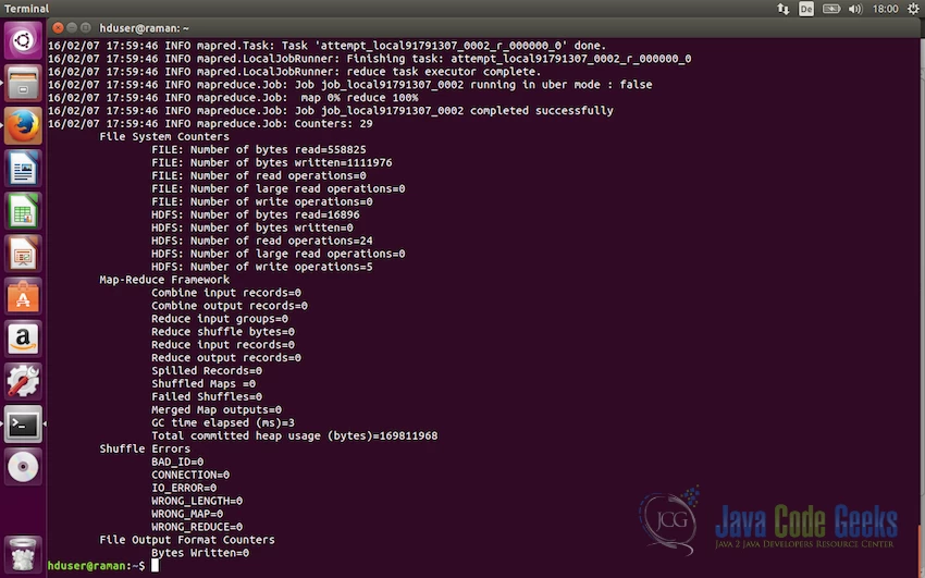 Wordcount example console output