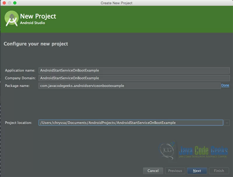 “Configure your new project” screen. Add your application name and the projects package name.