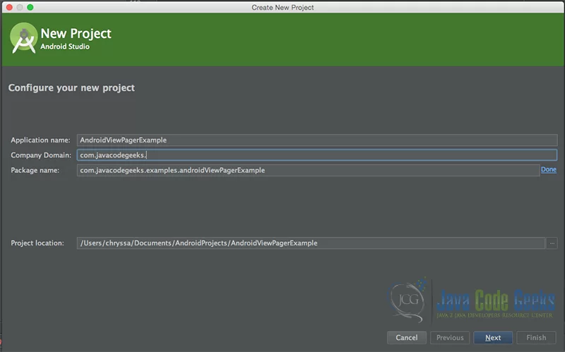 “Configure your new project” screen. Add your application name and the projects package name.