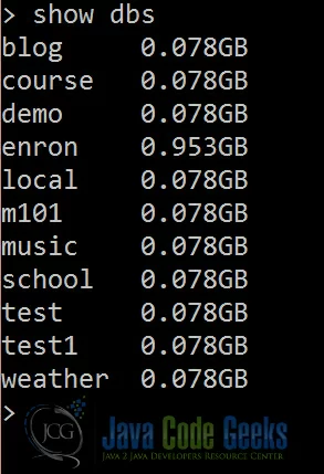 Using show dbs command to list databases