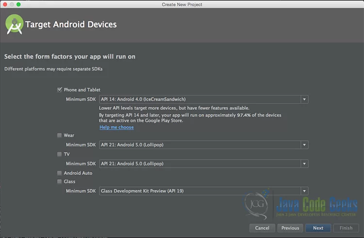 “Target Android Devices” screen.