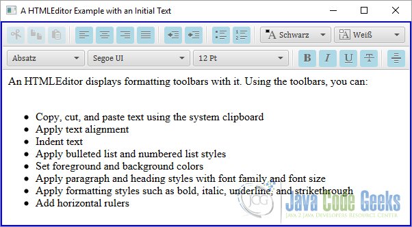 A JavaFX HTML Editor Example wit an Initial Text