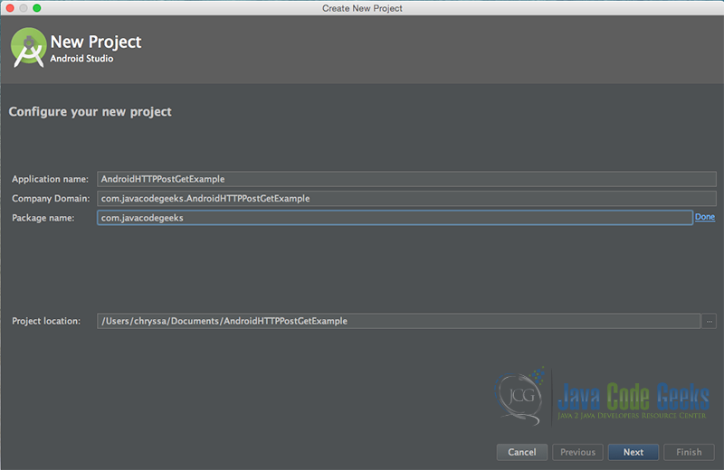 “Configure your new project” screen. Add your application name and the projects package name.