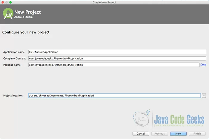 “Configure your new project” screen. Add your application name and the projects package name.