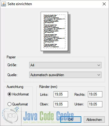 Definition of the Page Setup with the JavaFX Print API