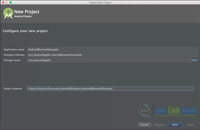 “Configure your new project” screen. Add your application name and the projects package name.