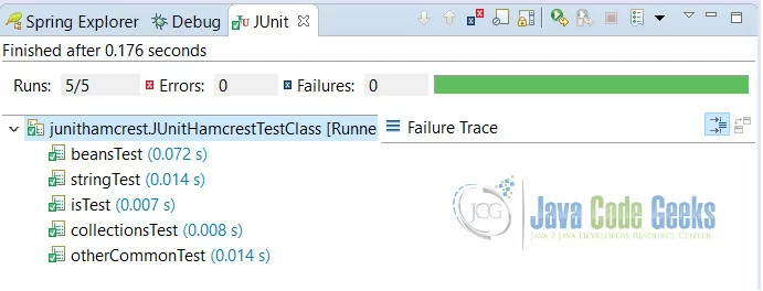 JUnit Hamcrest Example Output