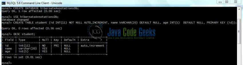 Fig. 6: Database and Table Creation