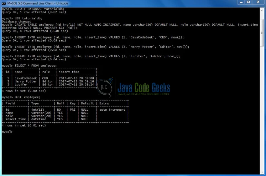 Fig. 7: Database and Table Creation