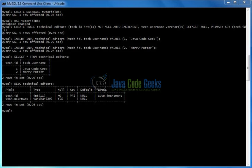 Fig. 5: Database and Table Creation