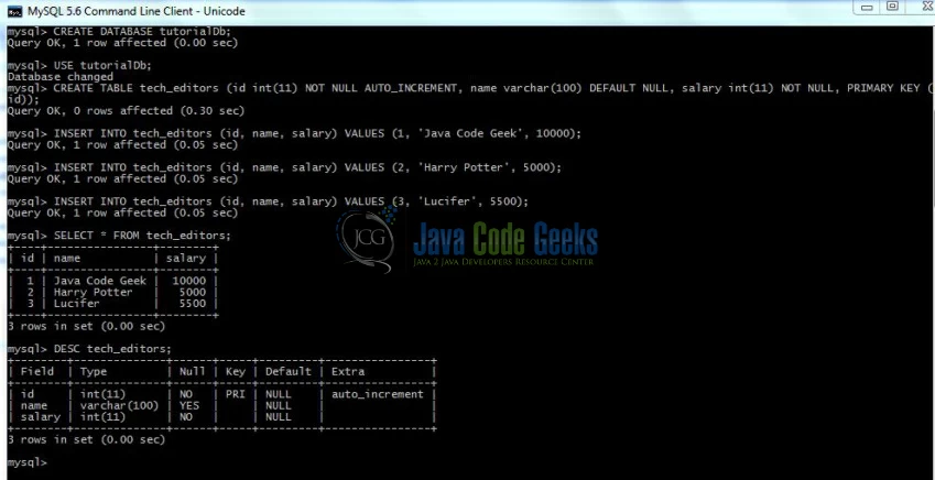 Fig. 5: Database and Table Creation