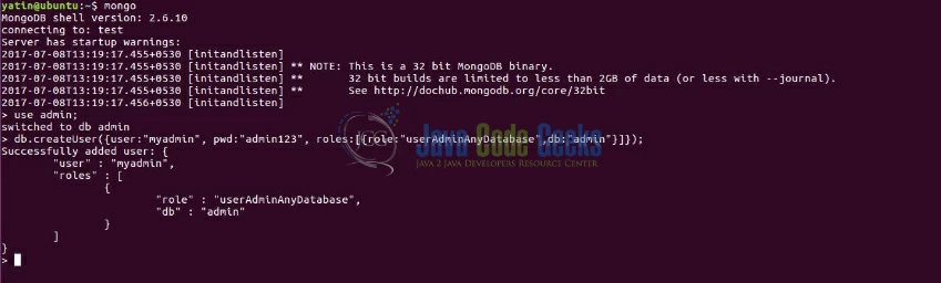 Fig. 7: MongoDB User Creation Output