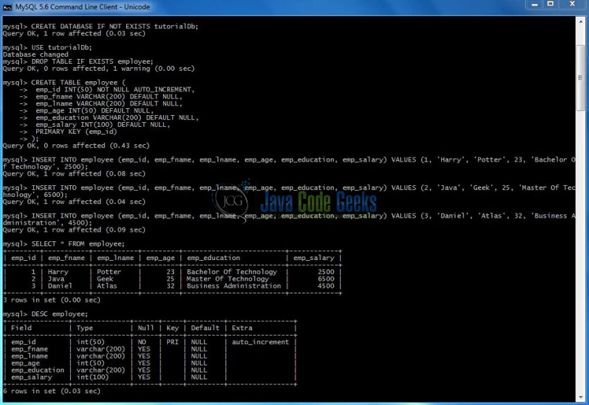 Fig. 7: Database & Table Creation