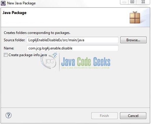Fig. 9: Java Package Name (com.jcg.log4j.enable.disable)
