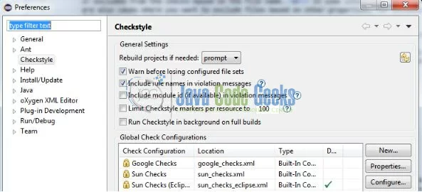 Fig. 5: Checkstyle Preference Settings Page