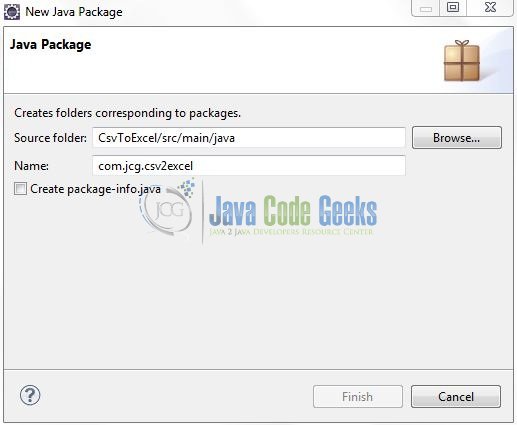 Fig. 6: Java Package Name (com.jcg.csv2excel)