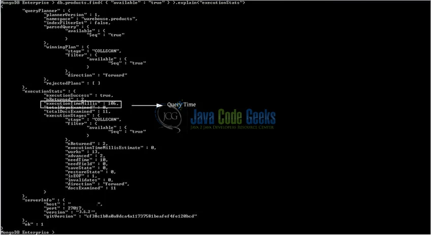 Fig. 7: Mongo database explain() method with "executionStats" verbosity mode