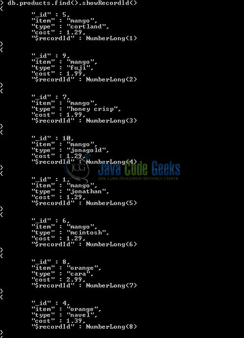 Fig. 6: Mongo database showRecordId() method