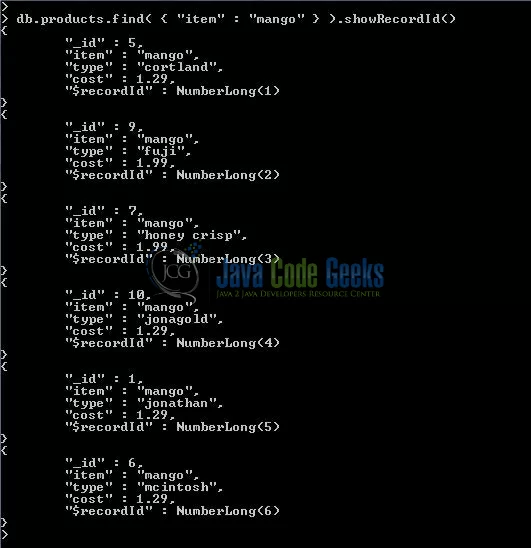 Fig. 7: Mongo database showRecordId() method with a Search query