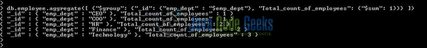 Fig. 7: Mongo database 'Aggregation' function with '$group' and '$sum' Operators