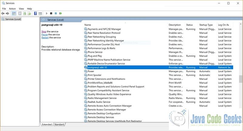 Java JDBC PostgreSQL Connection - Windows Services