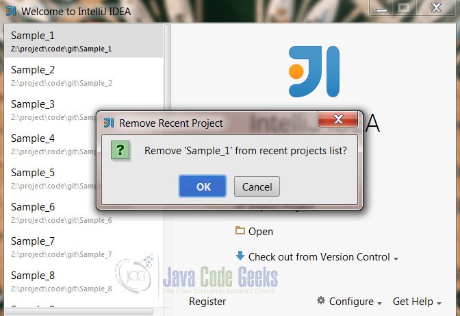 IntelliJ IDEA Remove Project - Confirmation dialog for removing the project