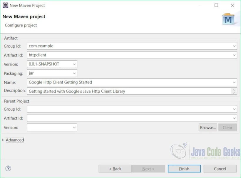 Google's HTTP Client Library - New Maven project settings dialog
