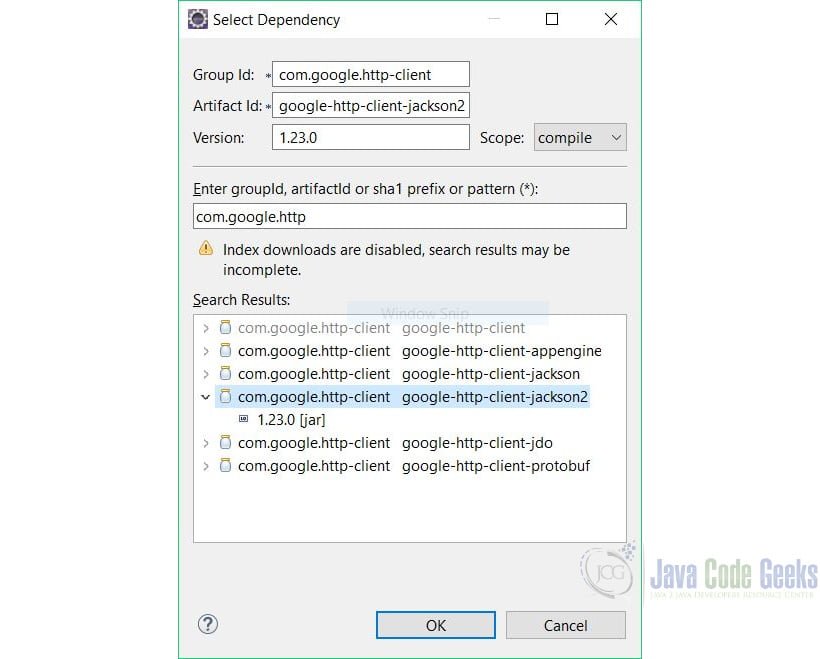 Google's HTTP Client Library - Select Dependency dialog