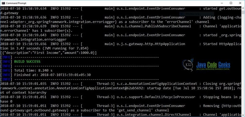 Spring Integration Http Gateway - Terminal output showing response from the REST Service