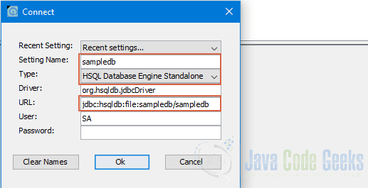 JDBC HSQLDB - Connect window