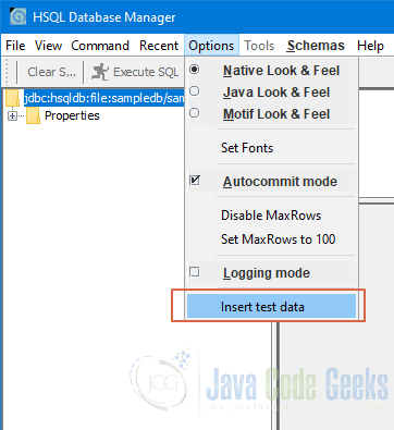 JDBC HSQLDB - Insert test data