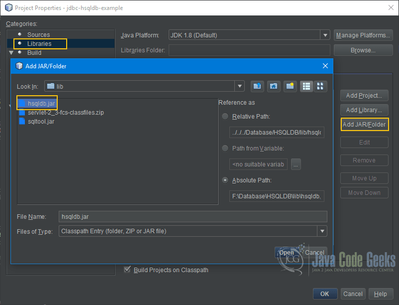 JDBC HSQLDB - NetBeans Project add Jar file