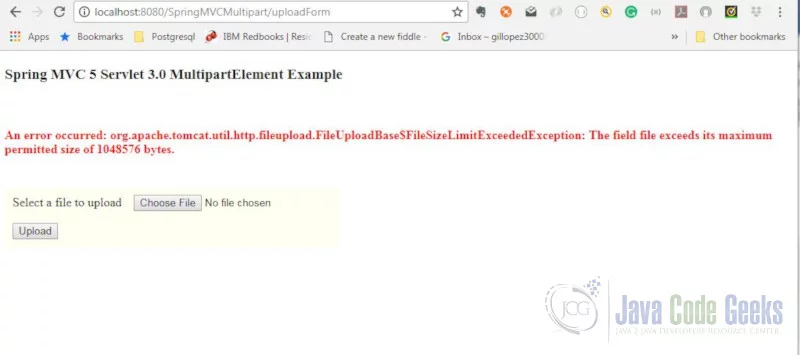 Spring MVC 5 Servlet 3.0 MultipartConfigElement - Exception Message