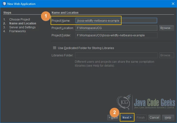JBoss WildFly NetBeans - Name and Location