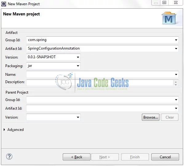 Spring @Configuration Annotation - Archetype Parameters