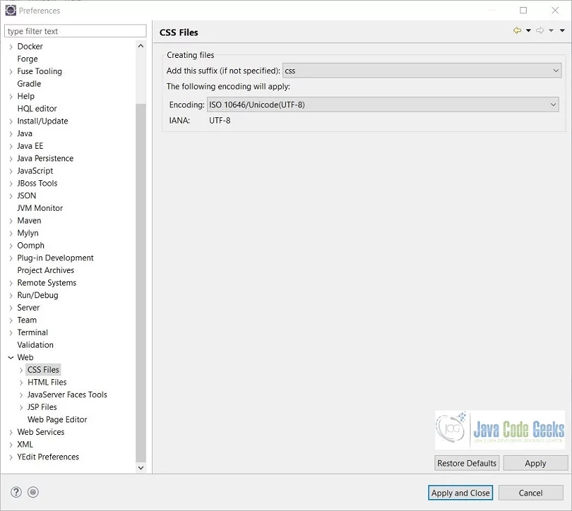 Eclipse with Wildfly and JBoss Tools - Preferences Web CSS Files